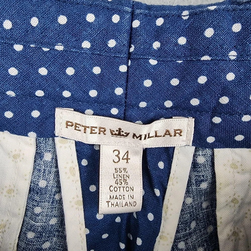 Peter Millar Shorts Mens 34 Blue Polka Dot Linen Cotton Chino 9 Inseam Casual